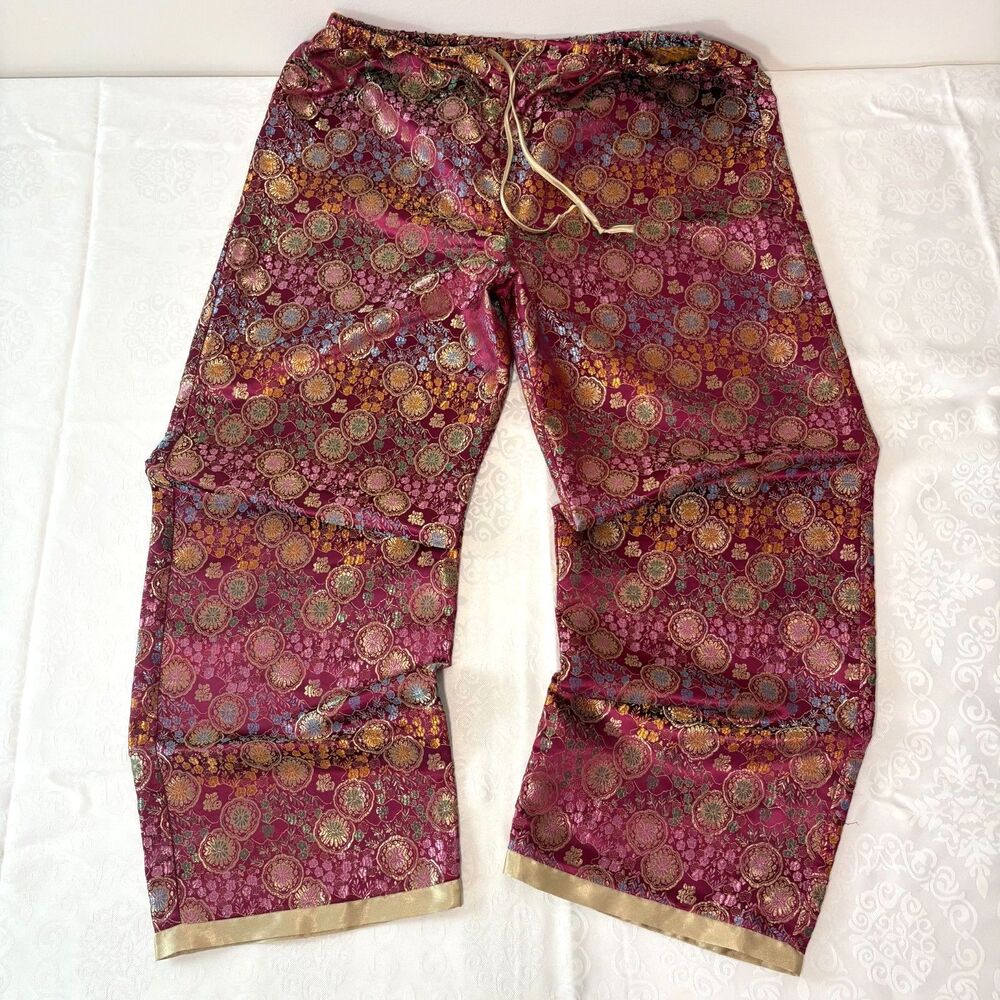 Heart Pants Funky Silk Brocade Floral Pattern Fairy Whimsygoth NWOT Size L - Picture 2 of 7